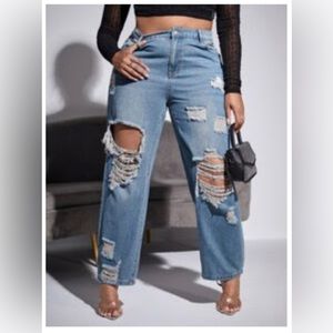 Plus High Waist Ripped Cut Out Straight Leg Jeans